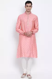 Men Pink & Off White Woven Design Straight Kurta with Pyjama