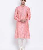 Men Pink & Off White Woven Design Straight Kurta with Pyjama