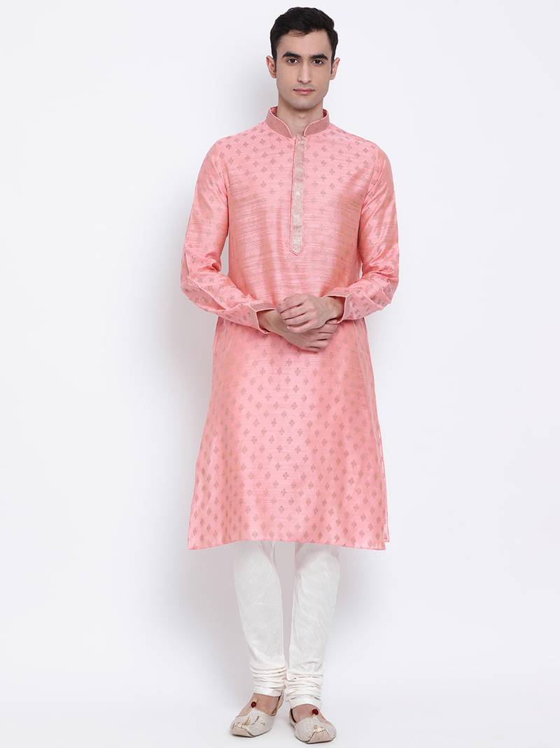 Men Pink & Off White Woven Design Straight Kurta with Pyjama