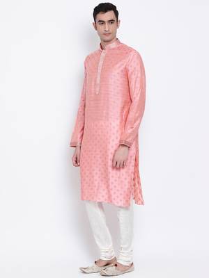 Men Pink & Off White Woven Design Straight Kurta with Pyjama 2