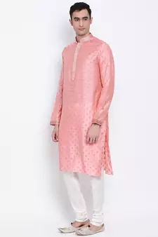 Men Pink & Off White Woven Design Straight Kurta with Pyjama
