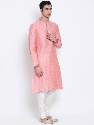 Men Pink & Off White Woven Design Straight Kurta with Pyjama 3