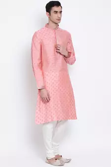 Men Pink & Off White Woven Design Straight Kurta with Pyjama