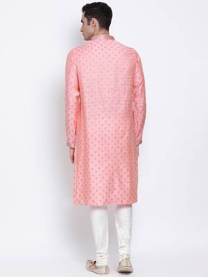 Men Pink & Off White Woven Design Straight Kurta with Pyjama 4