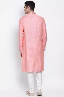 Men Pink & Off White Woven Design Straight Kurta with Pyjama