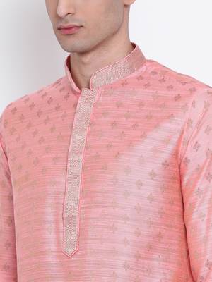 Men Pink & Off White Woven Design Straight Kurta with Pyjama 5