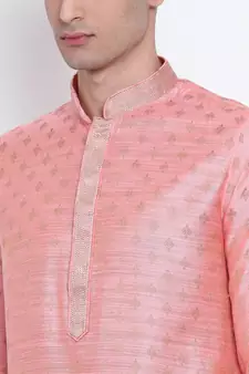 Men Pink & Off White Woven Design Straight Kurta with Pyjama