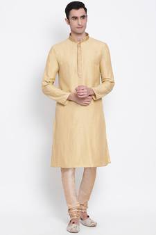 Men Deep Beige Solid Straight Kurta with Pyjama