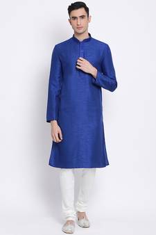 Men Ink Blue & Off White Solid Straight Kurta with Pyjama