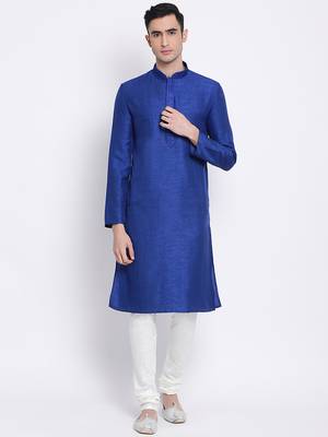 Men Ink Blue & Off White Solid Straight Kurta with Pyjama 1