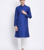 Men Ink Blue & Off White Solid Straight Kurta with Pyjama