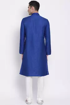 Men Ink Blue & Off White Solid Straight Kurta with Pyjama