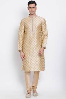 Men Deep Beige Woven Design Straight Kurta with Pyjama
