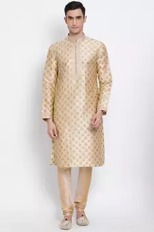 Men Deep Beige Woven Design Straight Kurta with Pyjama