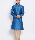 Men Blue & Beige Woven Design Straight Kurta with Pyjama
