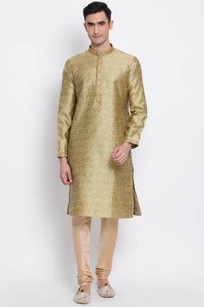 Men Gold & Beige Woven Design Straight Kurta with Pyjama
