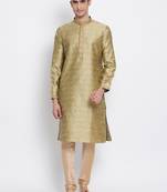 Men Gold & Beige Woven Design Straight Kurta with Pyjama