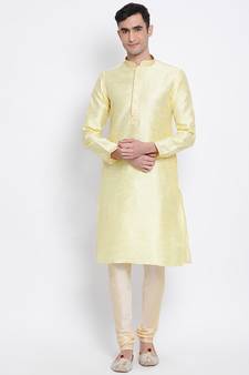Men Light Yellow & Beige Woven Design Straight Kurta with Pyjama