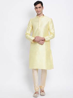 Men Light Yellow & Beige Woven Design Straight Kurta with Pyjama 1
