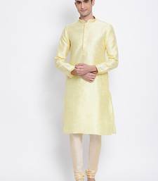 Men Light Yellow & Beige Woven Design Straight Kurta with Pyjama