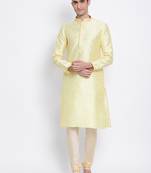 Men Light Yellow & Beige Woven Design Straight Kurta with Pyjama