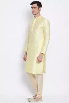 Men Light Yellow & Beige Woven Design Straight Kurta with Pyjama