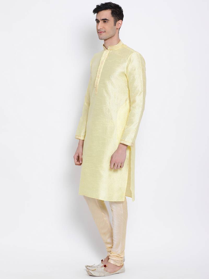 Men Light Yellow & Beige Woven Design Straight Kurta with Pyjama