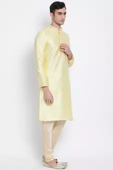 Men Light Yellow & Beige Woven Design Straight Kurta with Pyjama