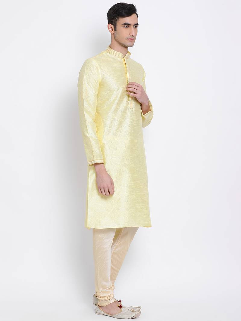Men Light Yellow & Beige Woven Design Straight Kurta with Pyjama