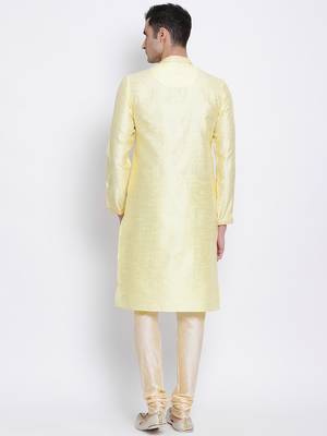 Men Light Yellow & Beige Woven Design Straight Kurta with Pyjama 4
