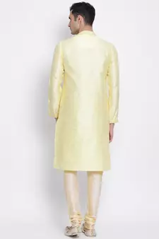 Men Light Yellow & Beige Woven Design Straight Kurta with Pyjama
