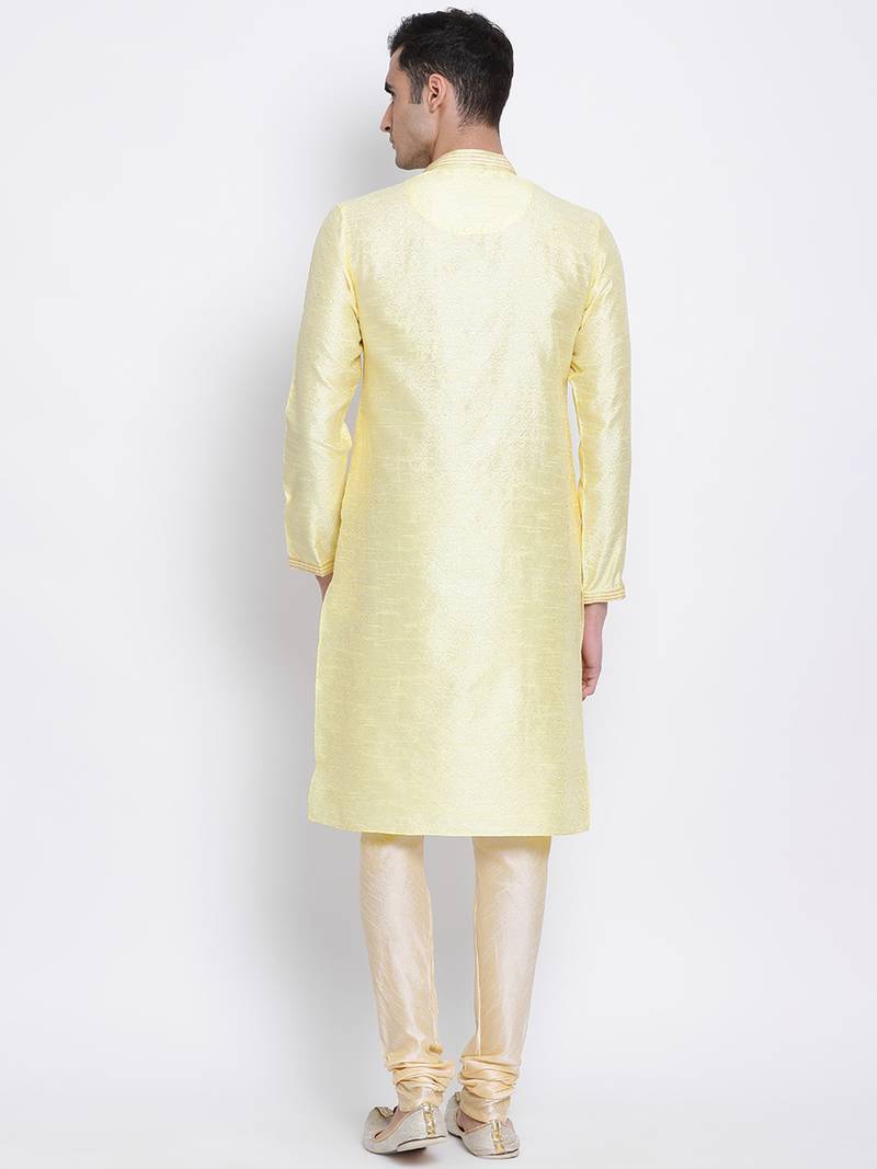 Men Light Yellow & Beige Woven Design Straight Kurta with Pyjama