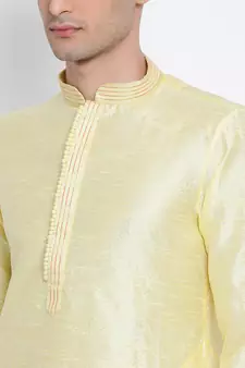 Men Light Yellow & Beige Woven Design Straight Kurta with Pyjama