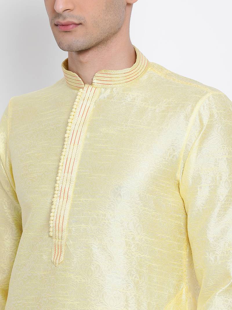Men Light Yellow & Beige Woven Design Straight Kurta with Pyjama