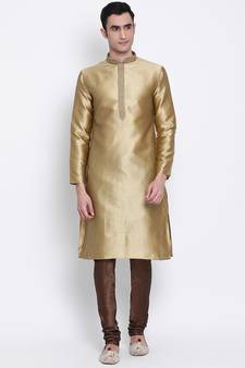 Men Mehendi & Brown Woven Design Straight Kurta with Pyjama