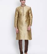 Men Mehendi & Brown Woven Design Straight Kurta with Pyjama