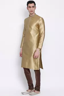 Men Mehendi & Brown Woven Design Straight Kurta with Pyjama