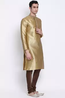 Men Mehendi & Brown Woven Design Straight Kurta with Pyjama