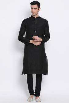 Men Black Woven Design Straight Kurta with Pyjama