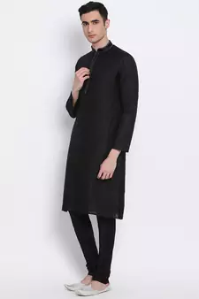 Men Black Woven Design Straight Kurta with Pyjama