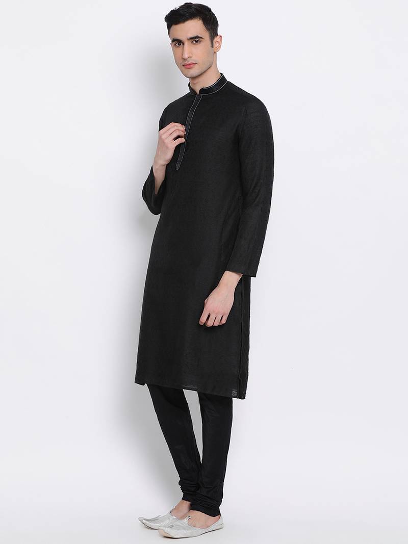 Men Black Woven Design Straight Kurta with Pyjama