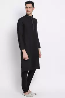 Men Black Woven Design Straight Kurta with Pyjama
