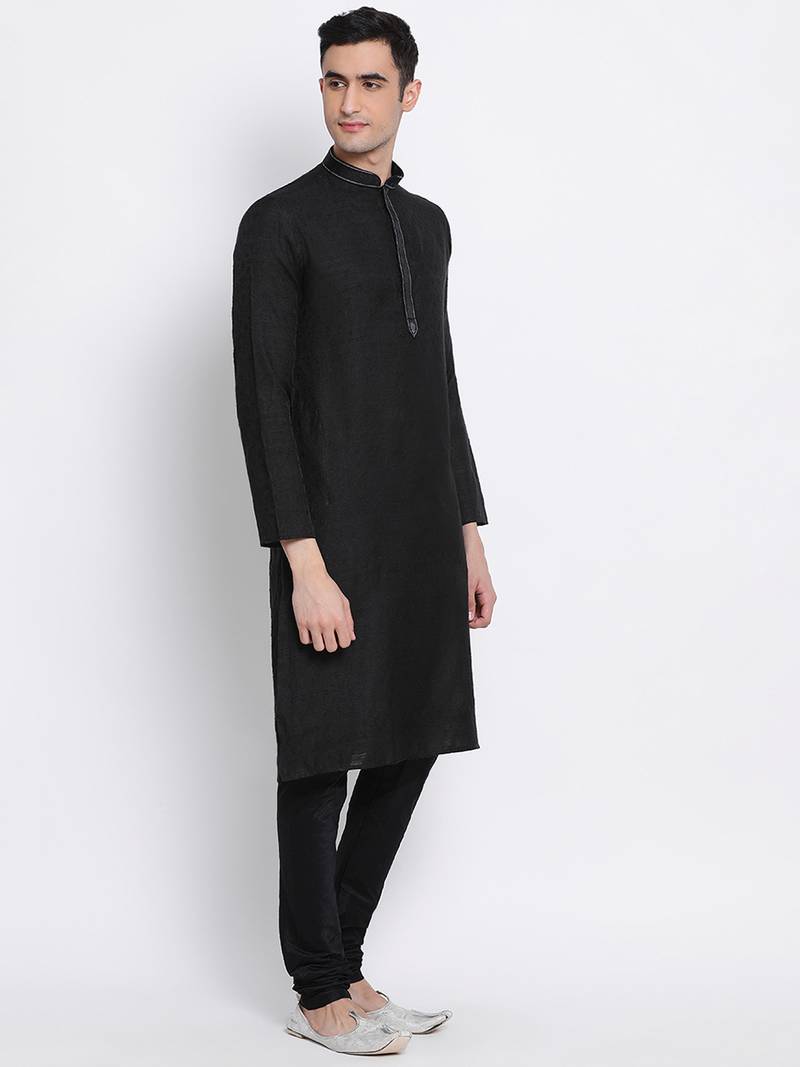 Men Black Woven Design Straight Kurta with Pyjama