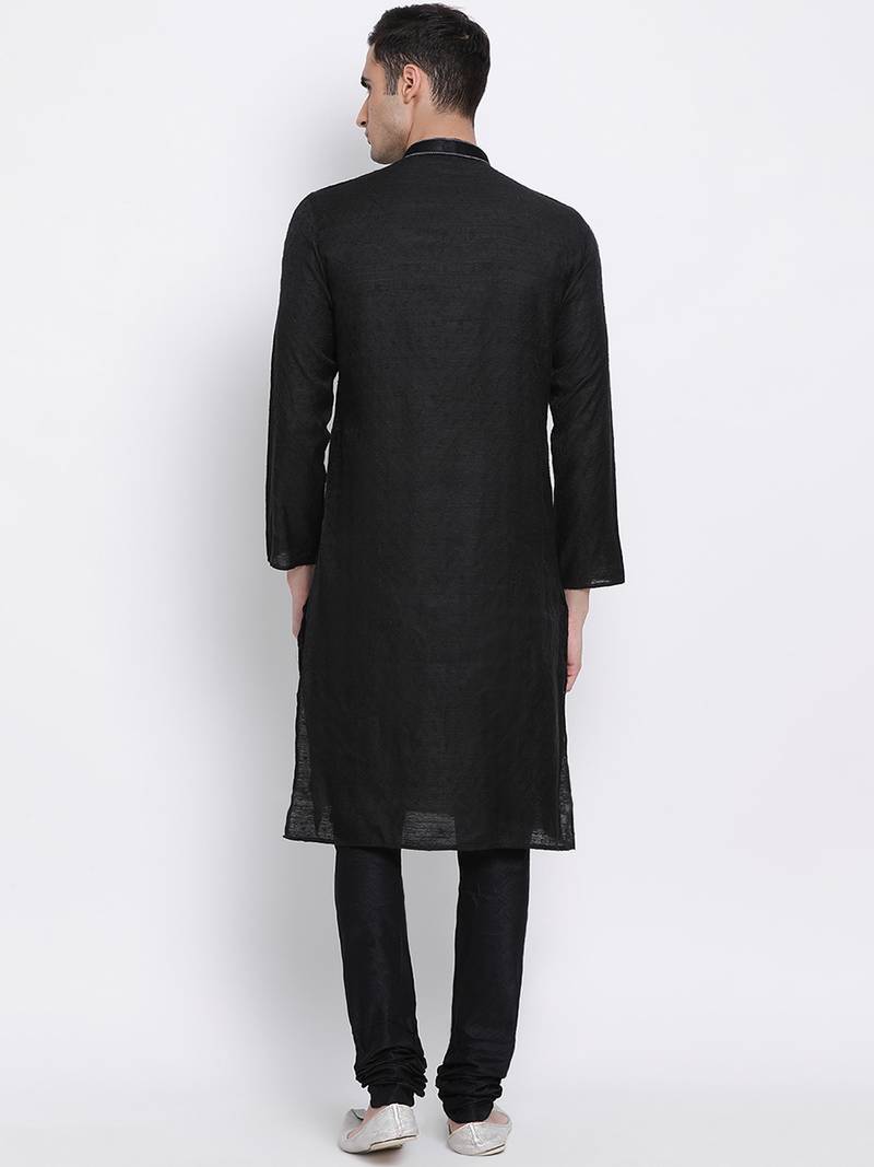 Men Black Woven Design Straight Kurta with Pyjama