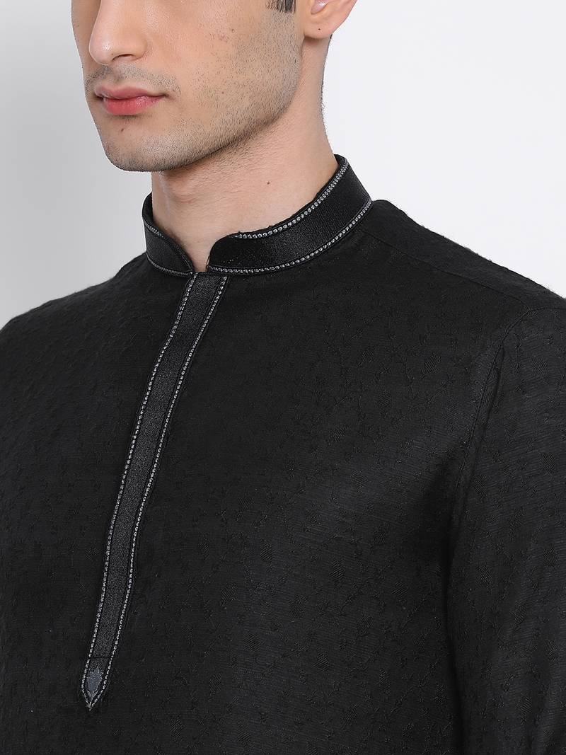 Men Black Woven Design Straight Kurta with Pyjama