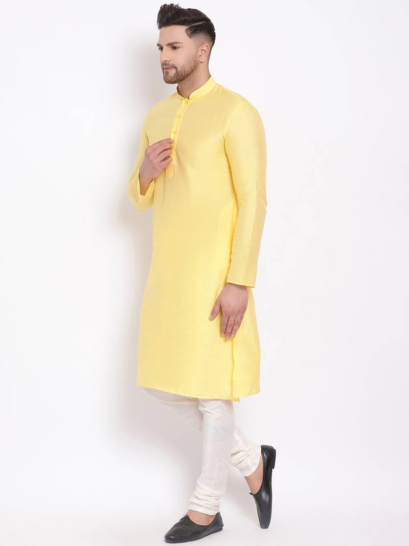 Men's Cotton Silk Solid Lemon Colour Straight Kurta With Payjama ...