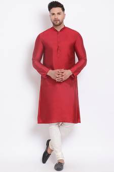 Men's Cotton Silk Solid Maroon Colour Straight Kurta With Payjama