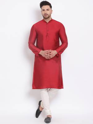 Men's Cotton Silk Solid Maroon Colour Straight Kurta With Payjama 1