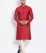 Men's Cotton Silk Solid Maroon Colour Straight Kurta With Payjama