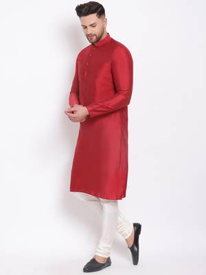 Men's Cotton Silk Solid Maroon Colour Straight Kurta With Payjama 2